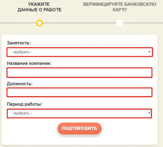 Ввод данных о работе в анкете “Позики”