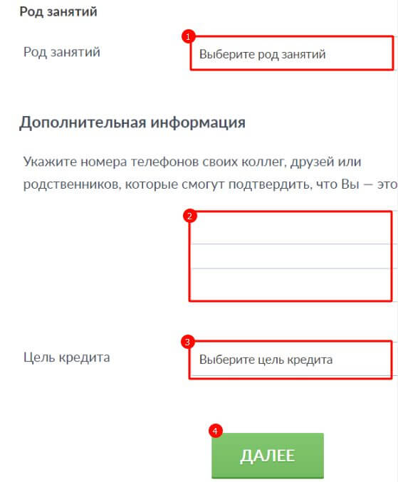 Ввод дополнительной информации для заема в Кредит365