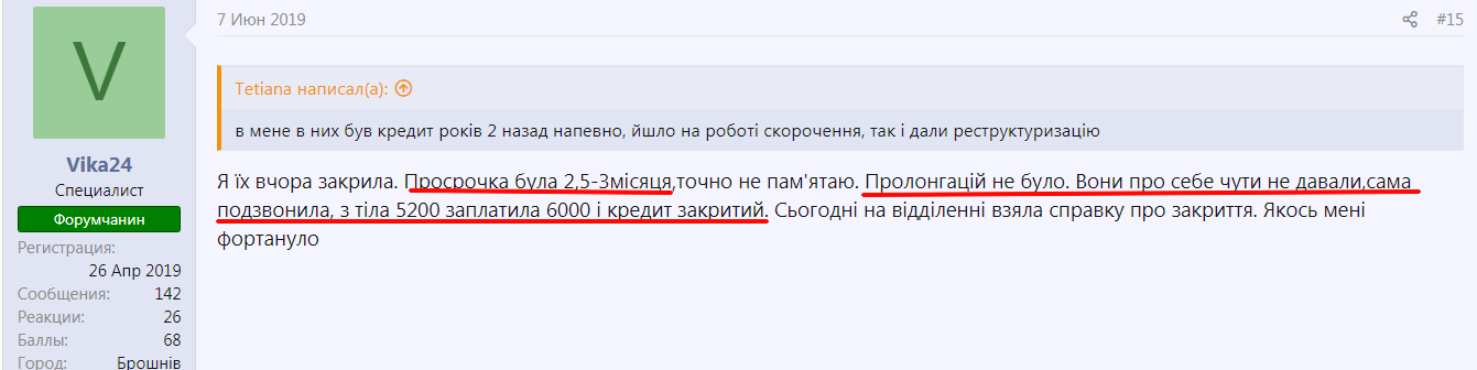 Клиентка просрочила закрытие кредита, но смогла договорится с КФ ЮА