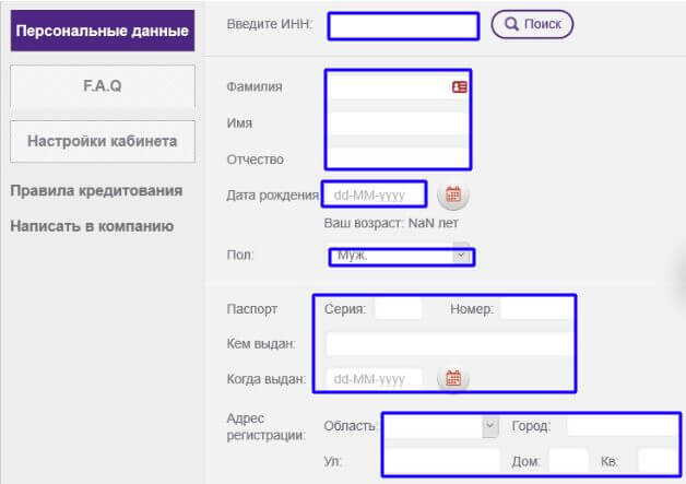 Ввод персональных данных в анкету Cash Point